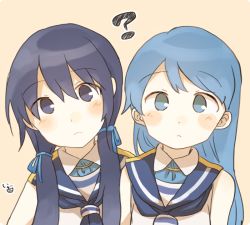 Rule 34 | 2girls, ?, alternate eye color, artist name, bare shoulders, blue eyes, blue hair, blue neckerchief, blue ribbon, collared shirt, commentary, hair between eyes, hair ribbon, hair tie, ina (1813576), kantai collection, long hair, looking at viewer, low twintails, multiple girls, neckerchief, ribbon, samidare (kancolle), shirt, simple background, sleeveless, sleeveless shirt, suzukaze (kancolle), twintails