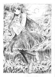Rule 34 | 1girl, bamboo, bamboo forest, black pantyhose, egasumi, female focus, forest, graphite (medium), greyscale, hands in opposite sleeves, houraisan kaguya, long hair, monochrome, moon, nature, pantyhose, shoes, skirt, solo, touhou, traditional media, vent arbre, wide sleeves