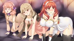 Rule 34 | 3girls, absurdres, all fours, blush, breasts, celica (fire emblem), covered erect nipples, faye (fire emblem), fire emblem, fire emblem echoes: shadows of valentia, genny (fire emblem), highres, large breasts, medium breasts, multiple girls, nintendo, tears, the-sinner, torn clothes
