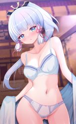 Rule 34 | 1girl, absurdres, ayaka (genshin impact), blue eyes, blue hair, blurry, blurry background, blush, bow, bow panties, bra, breasts, cameltoe, collarbone, cowboy shot, genshin impact, gluteal fold, hair ornament, highres, long hair, navel, panties, pink bow, ponytail, small breasts, solo, teec, underwear, white bra, white panties