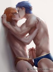 Rule 34 | 2boys, against wall, blush, briefs, erection, closed eyes, fire emblem, frottage, handjob, kiss, male focus, male underwear, multiple boys, nintendo, penis, penis grab, reddverse, topless male, tongue, uncensored, underwear, undressing, yaoi