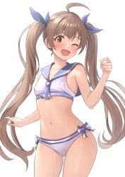 Rule 34 | 1girl, absurdres, ahoge, b1ack illust, bare shoulders, bikini, blue neckerchief, blue ribbon, blue sailor collar, blush, breasts, brown eyes, brown hair, collarbone, cowboy shot, dot nose, hair ribbon, hakozaki serika, hand up, highres, idolmaster, idolmaster million live!, idolmaster million live! theater days, long hair, looking at viewer, navel, neckerchief, one eye closed, open mouth, outstretched arm, ribbon, sailor collar, sailor swimsuit (idolmaster), simple background, small breasts, smile, solo, swimsuit, twintails, very long hair, white background, white bikini