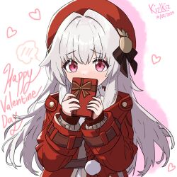 Rule 34 | 1girl, 2024, artist name, blush, box, clara (honkai: star rail), coat, dated, gift, gift box, grey hair, happy valentine, hat, highres, holding, holding box, honkai: star rail, honkai (series), kiziriz, long hair, long sleeves, looking at viewer, open clothes, open coat, red coat, red eyes, red hat, simple background, solo, straight hair, upper body, valentine, very long hair, white background
