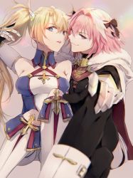 Rule 34 | 1boy, 1girl, astolfo (fate), bad id, bad twitter id, black bow, black ribbon, blonde hair, blue eyes, boots, bow, bradamante (fate), bradamante (first ascension) (fate), breasts, cloak, closed mouth, commentary, cousins, crossed legs, elbow gloves, fate/grand order, fate (series), fur trim, gauntlets, gloves, hair intakes, hair ribbon, hand in own hair, hand on own knee, long hair, looking at viewer, medium breasts, multicolored hair, open mouth, pink hair, purple eyes, ribbon, shinsukeja, signature, sitting, smile, streaked hair, twintails, very long hair