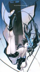 Rule 34 | 1girl, belt, bikini, bikini top only, black bikini, black hair, black jacket, black rock shooter, black rock shooter (character), black shorts, blue eyes, blue fire, breasts, building, chain, character name, copyright name, falling, fire, floating hair, highres, jacket, long hair, looking down, off shoulder, pale skin, rumoon, shorts, small breasts, solo, swimsuit, twintails, uneven twintails, white belt