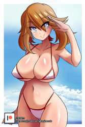 Rule 34 | 1girl, absurdres, bikini, blue eyes, blue sky, breasts, brown hair, cloud, creatures (company), curvy, game freak, highres, large breasts, lucyfer, may (pokemon), nintendo, pokemon, pokemon rse, salute, sky, smile, solo, swimsuit
