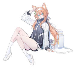 Rule 34 | 1girl, animal ears, black shorts, blue archive, blue eyes, blush, cat ears, cat girl, echj, flat chest, flats, flower, hair flower, hair ornament, hairband, highres, invisible chair, long hair, long sleeves, looking at viewer, mari (blue archive), mari (track) (blue archive), nail polish, orange nails, shorts, simple background, sitting, smile, socks, solo, thighs, white footwear, white hairband, white socks