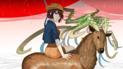 Rule 34 | 1girl, absurdres, antlers, arm support, blue jacket, brown hair, commentary, deer, dress, english commentary, fedora, from behind, hat, highres, horns, jacket, leaf, looking at viewer, looking back, mount fuji, mountainous horizon, open clothes, open jacket, orange dress, orange eyes, original, outdoors, parted lips, rain, red sky, riding, sedai, short hair, sitting, sky, solo, teeth, yellow hat