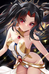 Rule 34 | 1girl, black hair, blush, breasts, cleavage, closed mouth, collarbone, cowboy shot, earrings, fate/grand order, fate (series), floating hair, gem, gold earrings, gold trim, groin, highres, ishtar (fate), jewelry, looking at viewer, medium breasts, multicolored hair, neck ring, nekoda (maoda), red eyes, red hair, revealing clothes, sky, smile, solo, space, space ishtar (fate), sparkle, star (sky), starry sky, streaked hair, two-tone hair