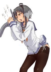 Rule 34 | 1girl, blue sailor collar, brown pantyhose, commentary request, cowboy shot, dress, fang, fu-ta, grey eyes, grey hair, hairband, holding, kantai collection, leaning forward, long sleeves, neckerchief, one-hour drawing challenge, open mouth, orange neckerchief, pantyhose, sailor collar, sailor dress, short dress, short hair, simple background, solo, standing, tied dress, tokitsukaze (kancolle), two side up, white background, white dress