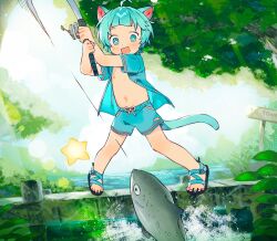 Rule 34 | 1boy, animal ears, blue eyes, blue hair, blue shorts, cat boy, cat ears, cat tail, child, commentary, commission, day, english commentary, english text, fish, fishing, fishing hook, fishing line, fishing rod, highres, holding, holding fishing rod, male focus, nemui (nemuriyagi), nipples, open clothes, open shirt, original, outdoors, river, sandals, second-party source, shorts, solo, sports sandals, star (symbol), tail, unbuttoned, water