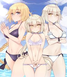 Rule 34 | 3girls, ahoge, alternate costume, arched back, bare shoulders, bikini, blonde hair, braid, breasts, closed mouth, cloud, cowboy shot, criss-cross halter, crossed arms, day, dura, fate/grand order, fate (series), female focus, frilled bikini, frills, groin, hair between eyes, halterneck, headpiece, height difference, highres, interlocked fingers, jeanne d&#039;arc (fate), jeanne d&#039;arc (ruler) (fate), jeanne d&#039;arc alter (avenger) (fate), jeanne d&#039;arc alter (fate), jeanne d&#039;arc alter santa lily (fate), large breasts, long braid, long hair, looking at viewer, lowleg, lowleg bikini, midriff, multiple girls, navel, open mouth, outdoors, ponytail, purple bikini, short hair, side-tie bikini bottom, sideboob, silver hair, single braid, sky, small breasts, smile, stomach, swimsuit, thighs, underboob, v arms, very long hair, white bikini, worried