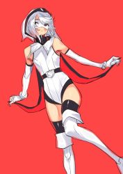 Rule 34 | 1girl, boots, bukimi isan, elbow gloves, gloves, hood, leotard, mask, official art, short hair, shy (character), shy (series), simple background, solo, thigh boots, thighhighs, white hair