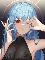 Rule 34 | 1girl, absurdres, aoria, arm up, armpits, bare arms, bare shoulders, black shirt, blue hair, blue nails, breasts, cleavage, commission, floral print, hand up, highres, large breasts, long hair, looking at viewer, nail polish, one eye closed, original, parted lips, red eyes, rose print, see-through, shirt, sleeveless, sleeveless shirt, smile, solo, upper body