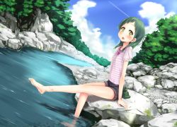 Rule 34 | 1girl, arm support, barefoot, black shorts, blue sky, blush, cloud, day, dutch angle, esoragoto, green eyes, green hair, head tilt, long hair, looking at viewer, minobiyo, open mouth, outdoors, pink shirt, puffy short sleeves, puffy sleeves, shirt, short shorts, short sleeves, shorts, sitting, sky, soaking feet, solo, stream, striped clothes, striped shirt, sweat, tree, water, wet