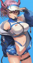Rule 34 | 1girl, absurdres, animal ears, arknights, bare shoulders, bikini, black gloves, blue background, blue jacket, breasts, commentary, cowboy shot, fingerless gloves, gloves, groin, highres, horns, humidasi79, jacket, large breasts, long sleeves, looking at viewer, navel, off shoulder, official alternate costume, open clothes, open jacket, purple hair, short hair, sideroca (arknights), sideroca (light breeze) (arknights), solo, standing, stomach, swimsuit, thigh strap, thighs, visor cap, whistle, white bikini, yellow eyes