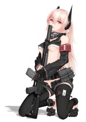 Rule 34 | 1girl, absurdres, arm behind back, assault rifle, bandana, bare shoulders, belt, between breasts, black socks, blonde hair, blush, breasts, commentary request, feet, full body, girls&#039; frontline, gun, hair between eyes, headwear request, highres, licking, licking weapon, long hair, looking at viewer, m4 carbine, m4 sopmod ii, m4 sopmod ii (girls&#039; frontline), mechanical arms, multicolored hair, open pants, pants, pink hair, pixiv id, red eyes, red hair, ribbon, rifle, shorts, single mechanical arm, small breasts, socks, solo, suppressor, tongue, tongue out, twitter username, underboob, vectorek, weapon