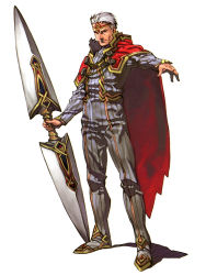 Rule 34 | 1boy, cape, full body, grey eyes, gungnir (weapon), headband, huge weapon, long sleeves, looking at viewer, male focus, odin (valkyrie profile), official art, outstretched arm, short hair, simple background, smile, solo, standing, striped, uniform, valkyrie profile (series), vertical stripes, weapon, white background, white hair, yoshinari kou, yoshinari you