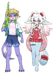 Rule 34 | + +, 1boy, 1girl, ahoge, animal ears, animal feet, animal hands, animal nose, arm at side, bare shoulders, barefoot, bikini, bikini skirt, blonde hair, blue fur, blue male swimwear, blush, body fur, brown eyes, claws, clenched hand, closed mouth, collarbone, colored skin, covered navel, dot mouth, expressionless, fang, flat chest, full body, furry, furry female, furry male, green headwear, green jacket, hair between eyes, hair ornament, hair scrunchie, hand up, happy, highres, holding, holding swim ring, innertube, jacket, lizard tail, long hair, looking at viewer, male swimwear, multicolored skin, navel, no shirt, o-ring, o-ring swimsuit, one-piece swimsuit, open clothes, open jacket, open mouth, original, pawpads, pectorals, pocket, purple skin, red eyes, red one-piece swimsuit, red scrunchie, reptile boy, scrunchie, short hair, short sleeves, sidelocks, sideways mouth, simple background, sketch, skin fang, skindentation, smile, standing, stomach, straight-on, super soaker, swim ring, swim trunks, swimsuit, tail, tail garter, thigh strap, transparent, twintails, two-tone fur, two-tone skin, visor cap, white background, white fur, white hair, white skin, yadayada