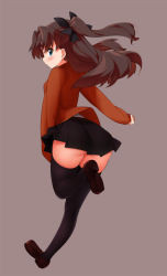 Rule 34 | 1girl, black hair, black thighhighs, blue eyes, blush, fate/stay night, fate (series), kaisen chuui, long hair, looking at viewer, simple background, skirt, solo, sweater, thighhighs, tohsaka rin, twintails, two side up, zettai ryouiki