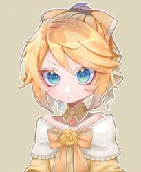 Rule 34 | 1girl, aku no musume (vocaloid), bare shoulders, blonde hair, blue eyes, bow, brooch, choker, collarbone, commentary, detached collar, dress, dress bow, dress flower, evillious nendaiki, frilled choker, frills, hair between eyes, hair bow, highres, jewelry, kagamine rin, looking at viewer, orange bow, parted lips, riliane lucifen d&#039;autriche, solo, strapless, strapless dress, swept bangs, tsurime, updo, upper body, urin (coconuts3252), v-shaped eyebrows, vocaloid, yellow bow, yellow choker, yellow dress
