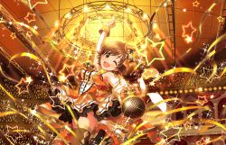 Rule 34 | 10s, 1girl, ;d, armpits, artist request, asymmetric gloves, asymmetrical gloves, bare shoulders, blush, boots, brown eyes, brown hair, diamond legwear, earrings, elbow gloves, gloves, hair ornament, high heel boots, high heels, holding, holding microphone, honda mio, idolmaster, idolmaster cinderella girls, idolmaster cinderella girls starlight stage, jewelry, jumping, looking at viewer, microphone, official art, one eye closed, open mouth, short hair, sleeveless, smile, solo, stage lights, sweatdrop, swept bangs, thighhighs, uneven gloves, wrist cuffs