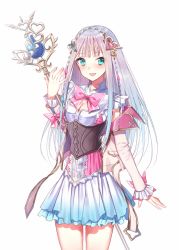 Rule 34 | 1girl, aqua skirt, atelier (series), atelier lulua, blunt bangs, blush, bow, breasts, commentary request, detached sleeves, dress, elmerulia fryxell, grey hair, hair ornament, heart, holding, long hair, long sleeves, looking at viewer, minatoasu, open mouth, pink bow, simple background, skirt, sleeveless, sleeveless dress, solo, staff, thighs, white sleeves
