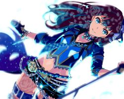 Rule 34 | 1girl, asymmetrical legwear, bad id, bad pixiv id, belt, black shorts, blue eyes, blue gloves, blue hair, breasts, brown hair, chain, choker, cleavage, collarbone, cowboy shot, crop top, dutch angle, earrings, fingerless gloves, floating hair, garter straps, gloves, highres, holding, holding microphone, idolmaster, idolmaster cinderella girls, jewelry, long hair, looking at viewer, medium breasts, microphone, microphone stand, midriff, multicolored hair, navel, necklace, shibuya rin, shiki (0802makimari), short shorts, shorts, simple background, smile, solo, standing, star (symbol), star necklace, stomach, thigh strap, two-tone hair, uneven legwear, white background