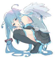 Rule 34 | 1girl, ahoge, angel wings, arm between legs, bare shoulders, black footwear, black skirt, black sleeves, blue eyes, blue hair, blue nails, blue shirt, boots, clothing cutout, detached sleeves, dot nose, fang, frilled shirt, frills, from side, full body, furrowed brow, hair ornament, half-closed eyes, hatsune miku, high heel boots, high heels, highres, light blue hair, light blush, long hair, looking at viewer, nail polish, nekonika (e102k), open mouth, own hands together, pleated skirt, shirt, shoulder cutout, simple background, skirt, solo, squatting, thigh boots, thighhighs, twintails, very long hair, vocaloid, white background, wings, zettai ryouiki
