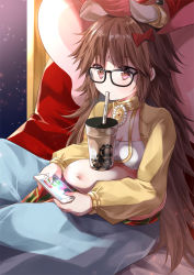 Rule 34 | 1girl, belly, black-framed eyewear, blue pants, blush, breasts, brown hair, bubble tea, cellphone, cleavage, closed mouth, commentary request, cup, disposable cup, drinking, drinking straw, fate/grand order, fate (series), ganesha (fate), glasses, hair between eyes, highres, holding, holding phone, iroha (shiki), jinako carigiri, long hair, long sleeves, looking away, pants, phone, pillow, plump, puffy long sleeves, puffy sleeves, red eyes, sitting, small breasts, solo, very long hair
