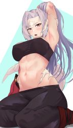 Rule 34 | 1girl, abs, absurdres, arm up, armpits, au ra, black pants, blue background, breasts, brown eyes, commission, dragon girl, dragon horns, dragon tail, final fantasy, final fantasy xiv, grey hair, hand in own hair, highres, horns, large breasts, long hair, navel, open mouth, pants, rika (akarika057), scales, sitting, solo, stomach, strapless, tail, tube top, two-tone background, v-shaped eyebrows, very long hair, warrior of light (ff14), white background, yokozuwari