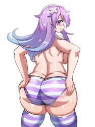 Rule 34 | 1girl, absurdres, ass, ass grab, back, blush, breasts, butt crack, curvy, d-pad, d-pad hair ornament, from behind, grabbing own ass, hair ornament, highres, huge ass, large breasts, long hair, looking at viewer, looking back, nepgear, neptune (series), panties, plump, purple eyes, purple hair, sideboob, smile, solo, striped clothes, striped panties, striped thighhighs, thick thighs, thighhighs, thighs, topless, underwear, wide hips, ytrall
