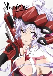 Rule 34 | 1girl, breasts, cleavage, gloves, grey hair, gun, headgear, holding, holding gun, holding weapon, keeemu (gouf2016), long hair, looking at viewer, medium breasts, one eye closed, parted lips, purple eyes, red gloves, senki zesshou symphogear, solo, symphogear pendant, twintails, weapon, white background, yukine chris