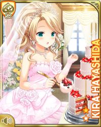 Rule 34 | 1girl, :o, alternate hairstyle, blonde hair, bow, cake, card (medium), day, dress, food, girlfriend (kari), green eyes, hayashida kira, indoors, jewelry, long hair, official art, open mouth, pink bow, pink dress, qp:flapper, ring, shoes, solo, standing, table, wedding cake, wedding dress, wedding ring, window