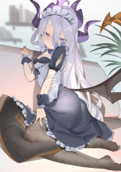 Rule 34 | 1girl, absurdres, ahoge, alternate costume, apron, ass, black dress, black pantyhose, blue archive, blush, breasts, cleavage, couch, cushion, dress, enmaided, frills, grey hair, highres, hina (blue archive), horns, long hair, looking at viewer, low wings, maid, maid day, maid headdress, multiple horns, nuda, pantyhose, purple eyes, short sleeves, sitting, small breasts, solo, sweat, white apron, wings, wrist cuffs