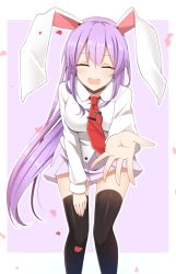 Rule 34 | 1girl, ^ ^, animal ears, bad id, bad pixiv id, black thighhighs, blush, carrot, closed eyes, cowboy shot, facing viewer, hair between eyes, hand on own thigh, leaning forward, light purple hair, long hair, long sleeves, necktie, open mouth, outstretched arm, petals, pin, purple background, rabbit ears, red necktie, reisen udongein inaba, round teeth, shirt, simple background, smile, solo, teeth, thighhighs, tie clip, touhou, very long hair, white shirt, xialuluo (sharuro)