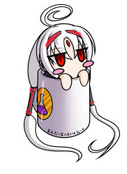 Rule 34 | 1girl, ahoge, blush stickers, chibi, forehead jewel, hair ornament, hair tubes, hairclip, huge ahoge, in container, long hair, monvasa, solo, twintails, under night in-birth, vatista, very long hair