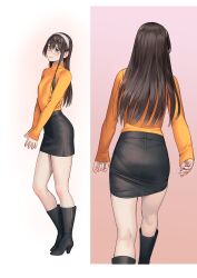 Rule 34 | 1girl, alternate costume, ass, black footwear, black hair, black skirt, boots, closed mouth, commentary request, glasses, green eyes, hair between eyes, hairband, highres, kantai collection, knee boots, long hair, looking at viewer, multiple views, ooyodo (kancolle), orange sweater, pencil skirt, shirt tucked in, skirt, sleeves past wrists, smile, split screen, standing, steepled fingers, sweater, turtleneck, turtleneck sweater, walking, white hairband, yuuji (and)