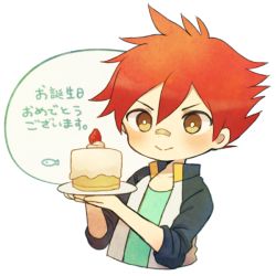 Rule 34 | 10s, 1boy, aizen kunitoshi, alternate costume, ayu (mog), bad id, bad pixiv id, bandaid, bandaid on face, bandaid on nose, blush, cake, fish, food, fruit, happy birthday, jacket, looking at viewer, male focus, open clothes, open jacket, red hair, short hair, smile, solo, strawberry, touken ranbu, upper body