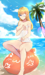Rule 34 | 1girl, artist request, bare legs, beach, bird, blonde hair, blue eyes, blue sky, bottomless, breasts, closed mouth, cloud, collarbone, colored eyelashes, day, eyepatch, full body, hair down, hand on own chest, highres, inflatable toy, lens flare, lipstick, long hair, makeup, mou zhi pingguo, nipple slip, nipples, ocean, one eye covered, outdoors, palm tree, prince of wales (warship girls r), seagull, grabbing own breast, shirt, sitting, sky, solo, thighs, tree, warship girls r, water, wet, wet clothes, white shirt