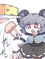 Rule 34 | 1girl, animal, animal ears, basket, black dress, blue capelet, capelet, chahan (fried rice0614), cheese, dress, flying sweatdrops, food, grey hair, highres, long sleeves, mouse (animal), mouse ears, mouse tail, nazrin, one-hour drawing challenge, red eyes, short hair, simple background, solo, tail, touhou, white background