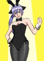 Rule 34 | 1girl, animal ears, bare shoulders, black bow, black bowtie, black pantyhose, blue hair, bow, bowtie, breasts, collar, cropped legs, detached collar, fake animal ears, hand on own hip, hand up, head tilt, leotard, long hair, open mouth, original, pantyhose, playboy bunny, ponytail, rabbit ears, smile, solo, strapless, thigh gap, wrist cuffs, yellow eyes