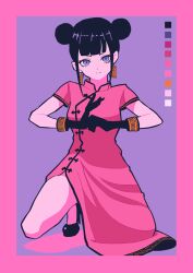 Rule 34 | 1girl, black footwear, black gloves, black hair, border, breasts, china dress, chinese clothes, color guide, double bun, dress, fist in hand, frown, gaako illust, gloves, hair bun, head tilt, highres, kneeling, limited palette, looking at viewer, ofuda earrings, original, pink dress, purple background, short sleeves, side slit, solo, still life, updo