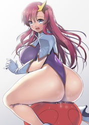 Rule 34 | 00s, 1girl, :o, ass, blue eyes, blush, breasts, capelet, covered erect nipples, curvy, elbow gloves, from behind, gloves, gradient background, grey background, gundam, gundam seed, gundam seed destiny, hair ornament, haro, high heels, highleg, highleg leotard, huge ass, huge breasts, leotard, long hair, looking at viewer, looking back, meer campbell, nagase haruhito, open mouth, pink hair, pussy juice, sexually suggestive, shoes, sitting, sitting on object, solo, star (symbol), star hair ornament, sunrise (company), sweat, thick thighs, thighs, thong, thong leotard, very long hair, white gloves, wide hips