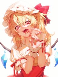 Rule 34 | 1girl, blonde hair, blood, blood from mouth, bow, commentary request, crystal, fangs, finger in own mouth, fingernails, flandre scarlet, frilled shirt collar, frilled sleeves, frills, grey background, hands up, hat, highres, looking at viewer, medium hair, mob cap, nail polish, open mouth, pink eyes, pink nails, pointy ears, puffy sleeves, red bow, red eyes, red nails, ribbon, sharp fingernails, short sleeves, simple background, solo, touhou, tunamayo (dsasd751), upper body, white background, white hat, wings, wrist cuffs