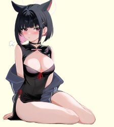 Rule 34 | 1girl, puff of air, alternate costume, animal ears, arm between legs, bare legs, black choker, black hair, black jacket, blue archive, blunt bangs, blunt ends, blush, breasts, cat ears, china dress, chinese clothes, choker, cleavage, cleavage cutout, clothing cutout, colored inner hair, dress, extra ears, halo, jacket, kazusa (blue archive), large breasts, looking at viewer, multicolored hair, pelvic curtain, pink eyes, pink hair, ryouta (ryouta335), short hair, simple background, sitting, solo, two-tone hair, yokozuwari