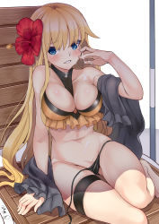 Rule 34 | 1girl, absurdres, arm support, baicha, bare legs, bare shoulders, barefoot, bikini, black bikini, blonde hair, blue eyes, blush, breasts, cleavage, collarbone, dated, flower, hair between eyes, hair flower, hair ornament, hibiscus, highres, large breasts, looking at viewer, midriff, mismatched bikini, navel, original, parted lips, signature, sitting, skindentation, solo, stomach, swimsuit, thigh strap, thighs, wooden floor, wooden wall, yellow bikini