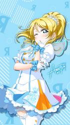 Rule 34 | 1girl, :o, ;), aqua background, aqua bow, artist name, artist request, ayase eli, blonde hair, blue eyes, blush, bow, bow earrings, breasts, dress, earrings, female focus, floating hair, frilled legwear, gloves, hair between eyes, hand on elbow, high ponytail, highres, jewelry, long hair, looking at viewer, love live!, love live! school idol festival, love live! school idol project, miniskirt, one eye closed, parted lips, plaid, plaid dress, plaid skirt, pleated, pleated dress, pleated skirt, ponytail, puffy short sleeves, puffy sleeves, short hair, short sleeves, skirt, smile, solo, star (symbol), star earrings, star print, white dress, white gloves, white legwear, white skirt, white wings, wings, wink, wrist bow