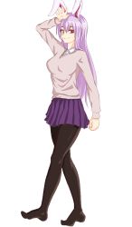 Rule 34 | 1girl, alternate costume, animal ears, bad id, bad pixiv id, black pantyhose, blush, closed mouth, from side, full body, graphite (medium), hair between eyes, kagi f, light purple hair, long hair, long sleeves, looking at viewer, looking to the side, millipen (medium), miniskirt, pantyhose, pleated skirt, purple skirt, rabbit ears, red eyes, reisen udongein inaba, skirt, smile, solo, sweater, touhou, traditional media, transparent background, white skirt