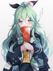Rule 34 | 1girl, akeome, black kimono, black ribbon, commentary request, covering own mouth, floral print, green eyes, green hair, hagoita, hair between eyes, hair ornament, hair ribbon, hairclip, happy new year, highres, japanese clothes, kantai collection, kimono, long hair, looking at viewer, new year, paddle, parted bangs, ponytail, ribbon, sa-ya2, sidelocks, simple background, solo, white background, yamakaze (kancolle)
